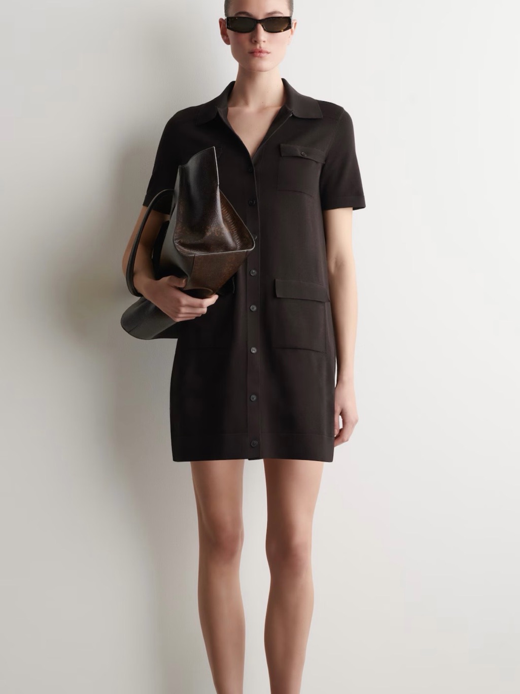 Cos Short Button-Front Polo Dress In Dark Brown